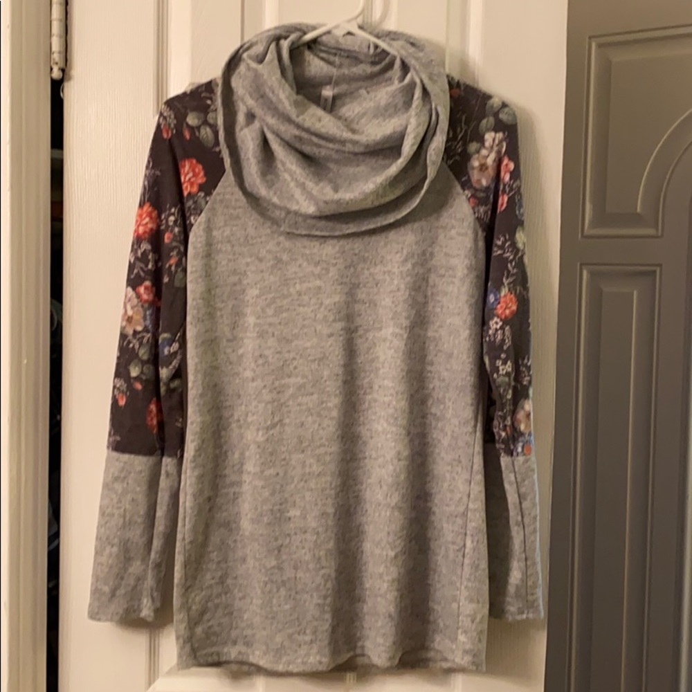 Solid and Floral Print Cowl Neck Shirt
